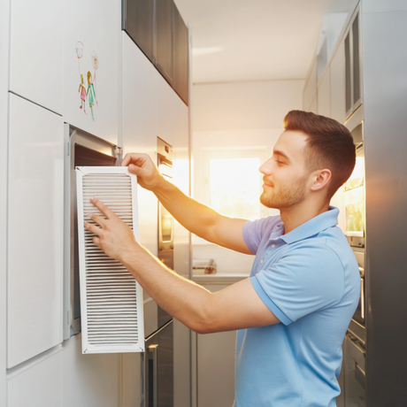 Man replacing a filter in a kitchen setup