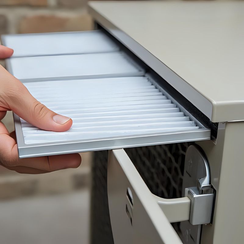 Hand holding a filter above an appliance with a blurred background