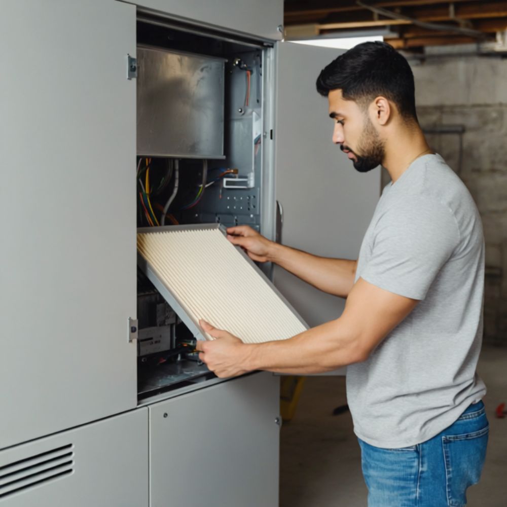 Man replacing an air filter in a furnace