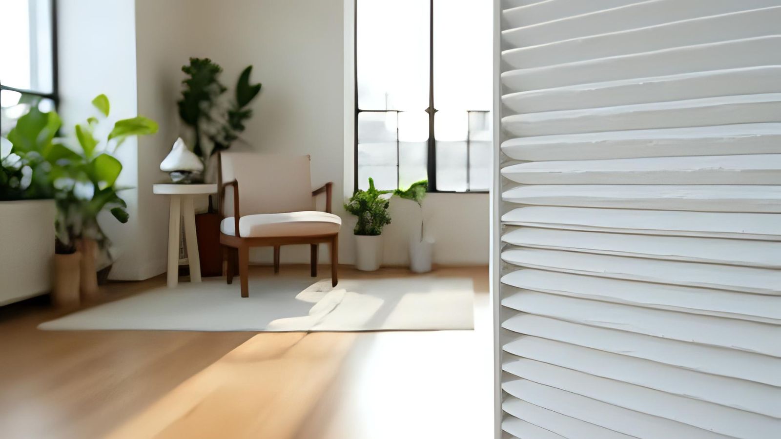 Room divider in a modern interior setting with plants and furniture.