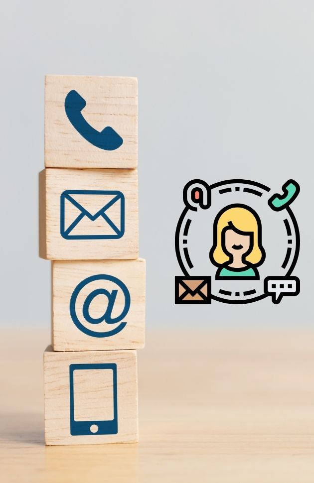 Wooden blocks with communication icons and a contact person icon on a light background